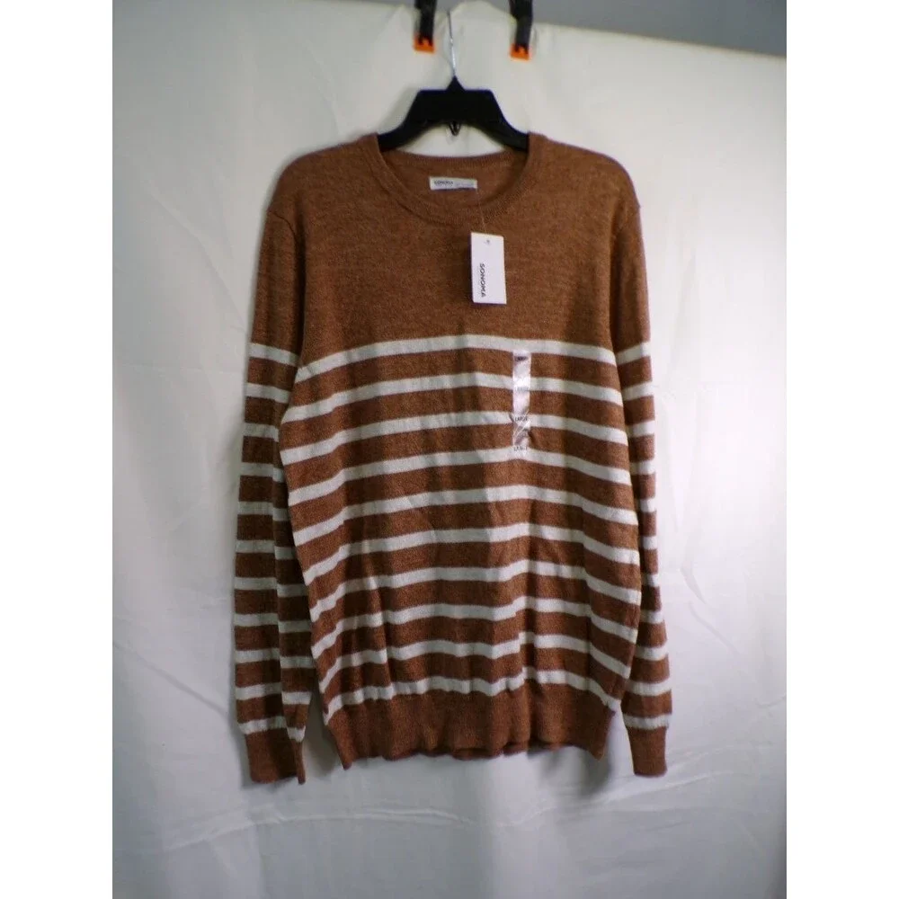 SONOMA Men's L Brown White Striped Crew Neck Pullover Sweater RN73277